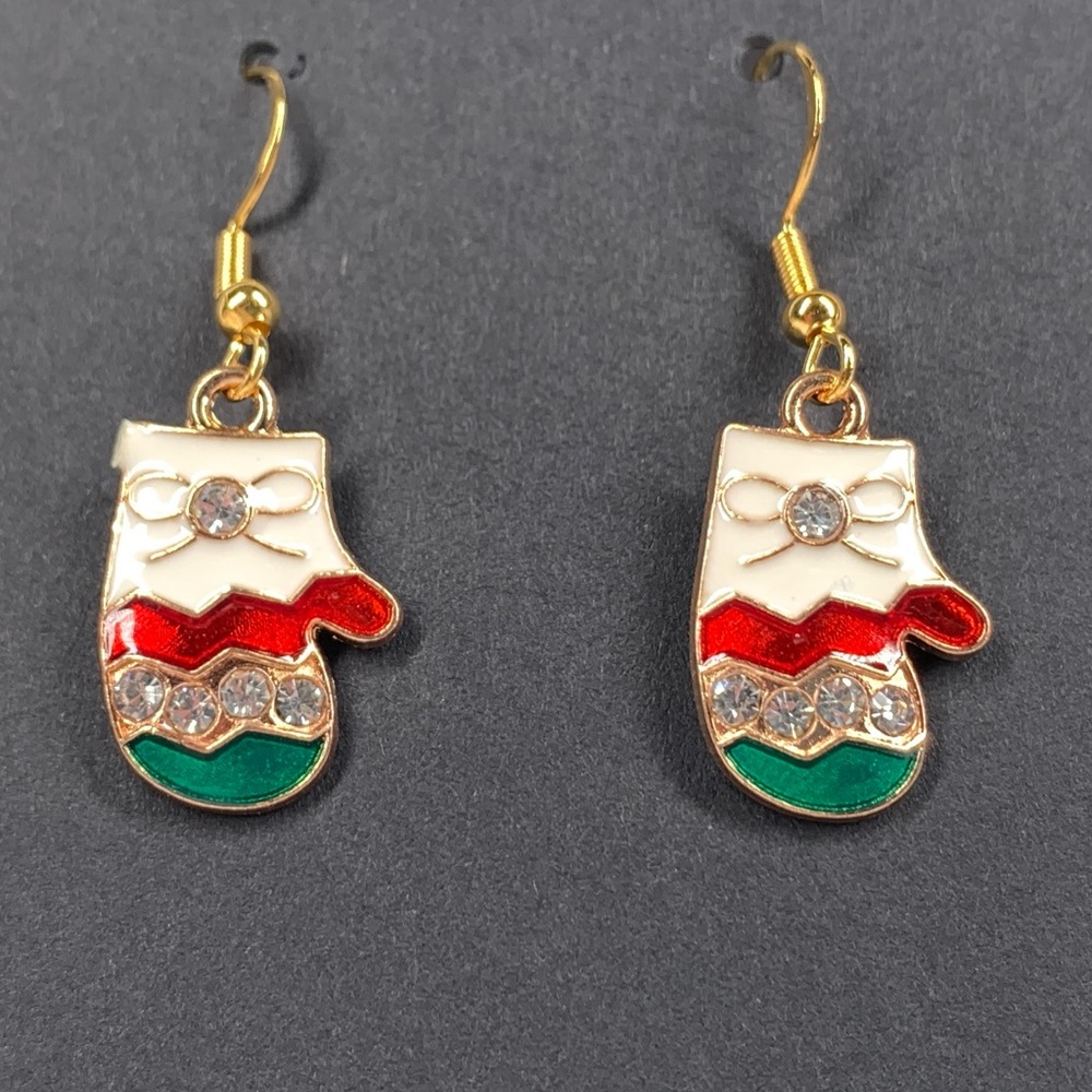 5/$25 Christmas Earrings Mittens Gloves with Rhinestones White Red Green Enamel
